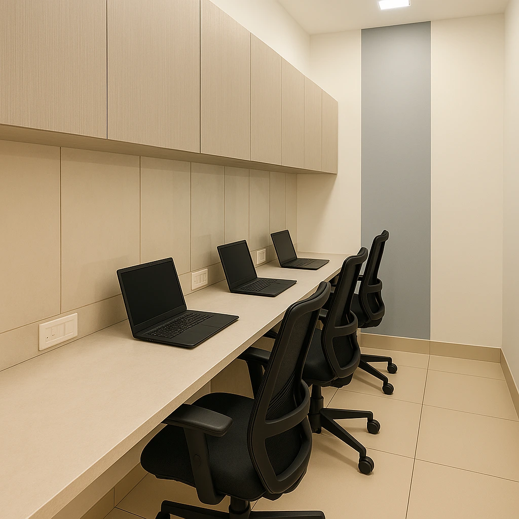 Meeting room with collaborative seating and whiteboard